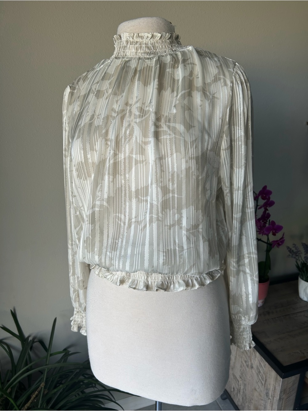 Trendy J's Floral & Metallic Stripe
Smocked Blouse